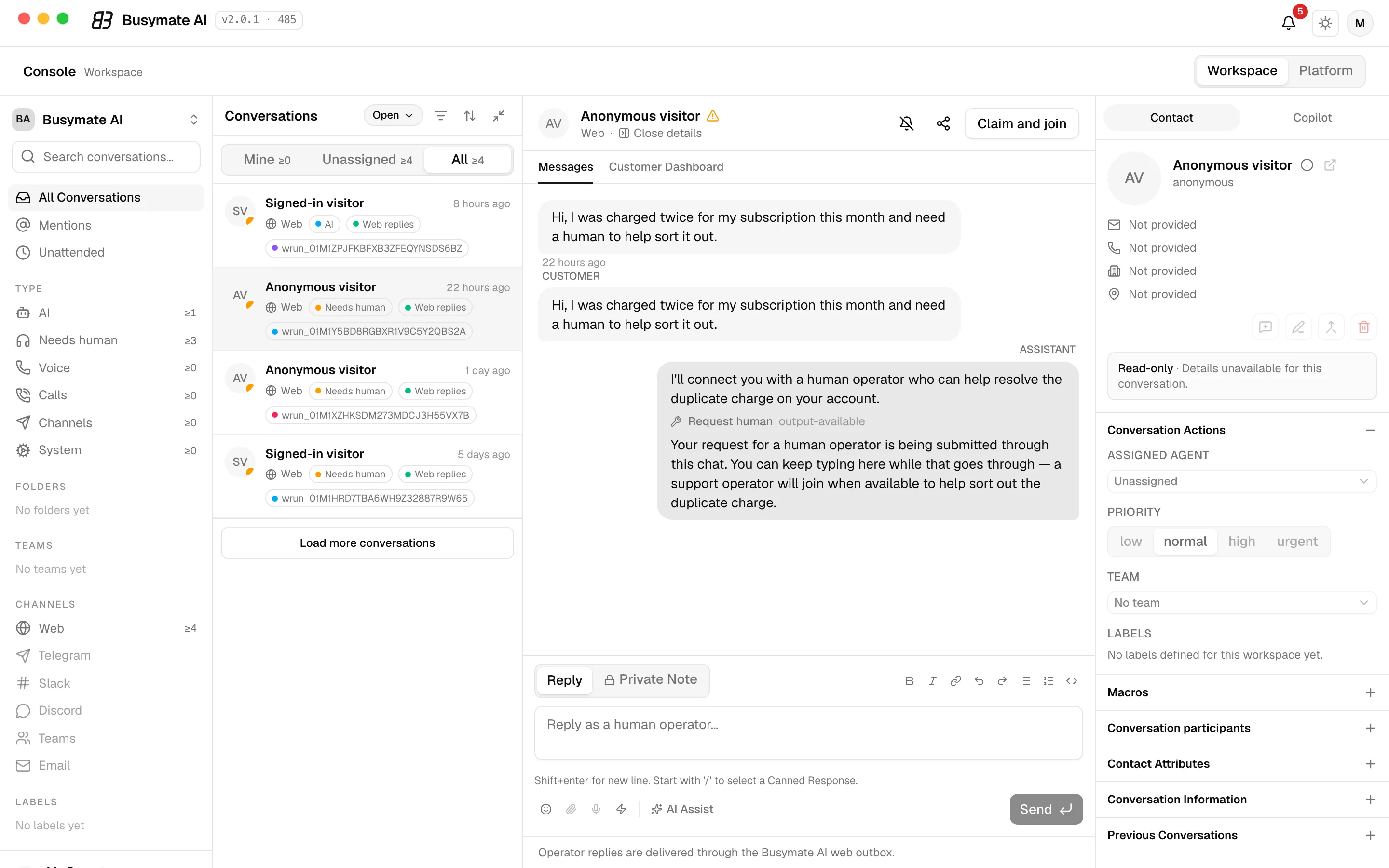 The AI Assistant Console Inbox in the desktop app: a customer conversation waiting for a human, with the Claim and join button.
