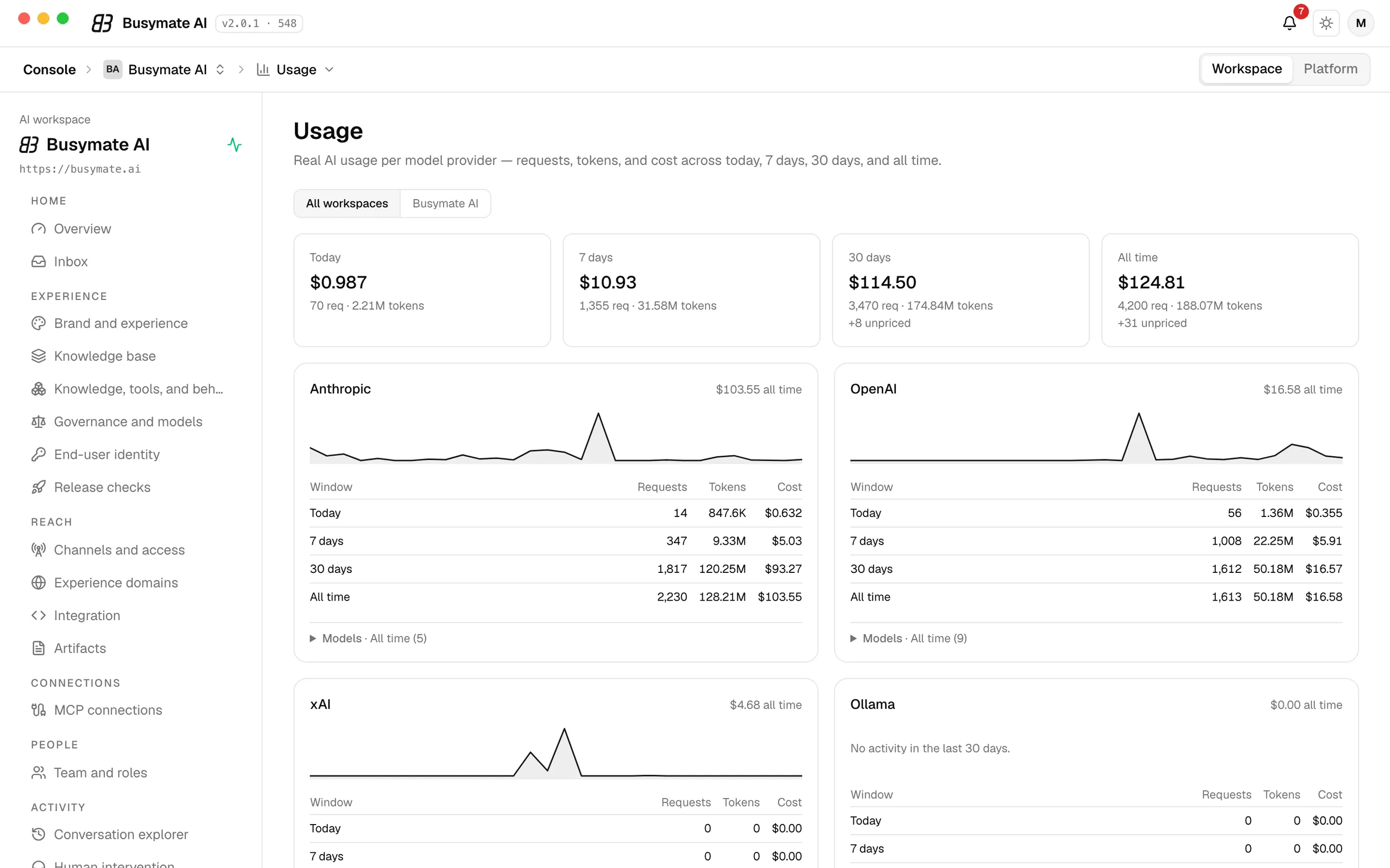 Usage: cost for today, 7 days, 30 days and all time, and a card per AI provider with its sparkline, requests, tokens and cost.